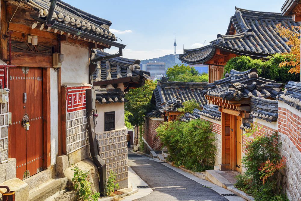 Gorgeous view of old narrow street and traditional Korean houses
